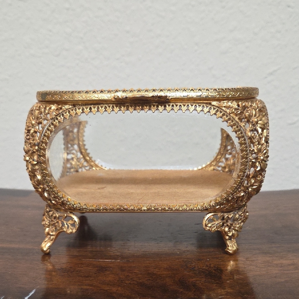 Vintage Matson Ormolu Vanity Trinket Box or Casket Beveled Glass 5.5" x 4.25"